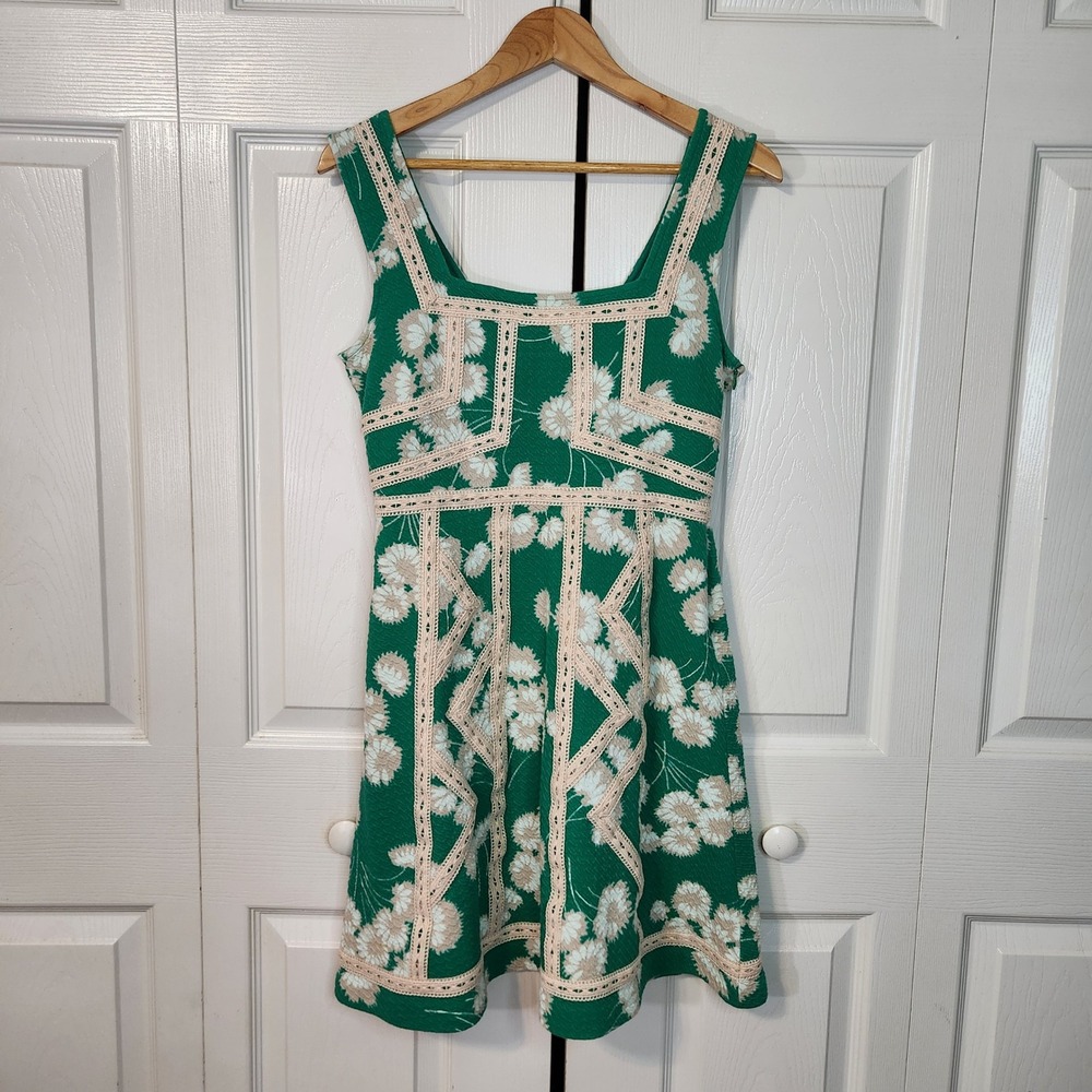 Maeve Anthropologie Emma Green Floral Lace Trim Mini Dress Square Neck Size 6